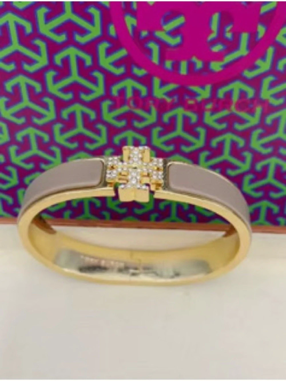 Tory Burch Gold-Tone Bracelet with Taupe Enamel and Crystal Cross